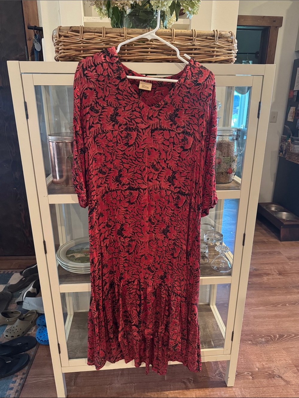 Red Floral Midi Dress with V-Neck and Tiered Hem
